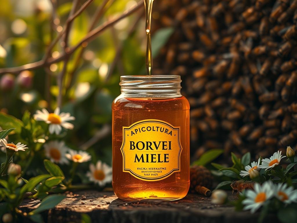 An intricate glass jar filled with viscous, golden-hued liquid, the label boldly displaying the brand name "APICOLTURA BORVEI MIELE". Surrounding the jar, a natural, organic backdrop unfolds - lush greenery, blooming flowers, and a hive of bustling honeybees, all captured in a warm, soft-focus setting. The lighting is warm and diffused, casting a subtle glow on the scene, conveying a sense of tranquility and the restorative power of nature's bounty. The overall mood is one of serene contemplation, inviting the viewer to appreciate the delicate balance and potential benefits of this unique apian elixir.