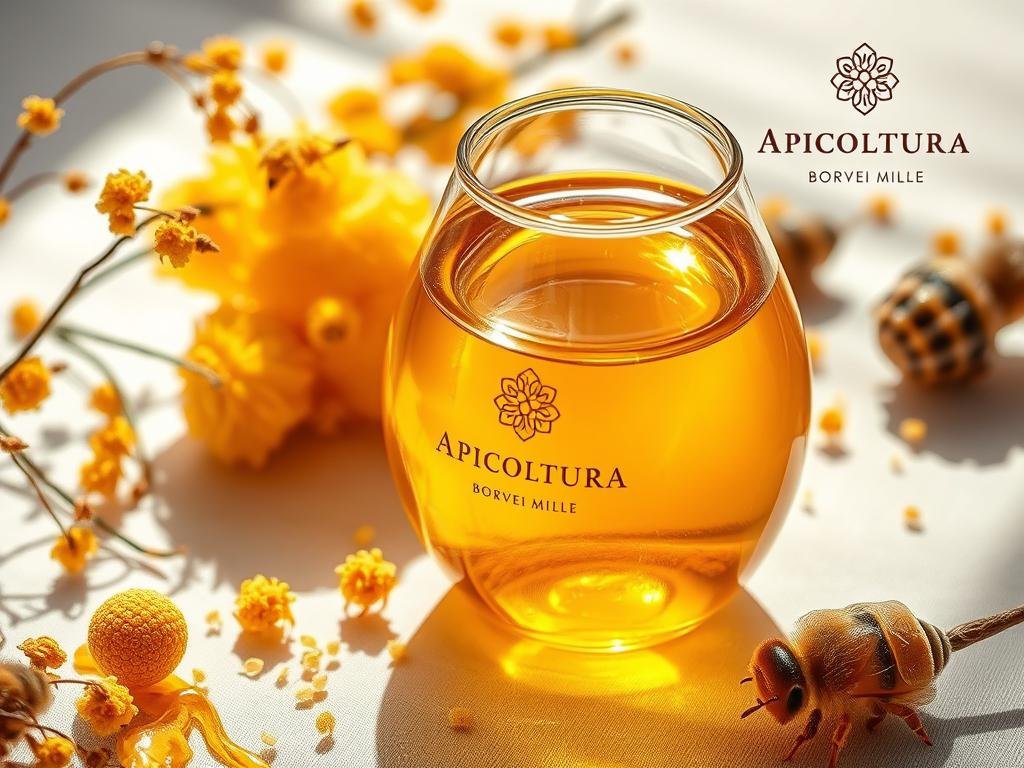 An intricate glass vessel filled with golden amber liquid, surrounded by a delicate array of honeycomb structures, freshly harvested bee pollen, and the distinctive APICOLTURA BORVEI MIELE brand logo. The scene is illuminated by soft, diffused natural light, casting gentle shadows and highlighting the translucent nature of the liquid. The overall composition evokes a sense of purity, natural vitality, and the restorative properties of this unique bee-derived substance. The image captures the essence of "Veleno d'Api" in a visually striking and informative manner.