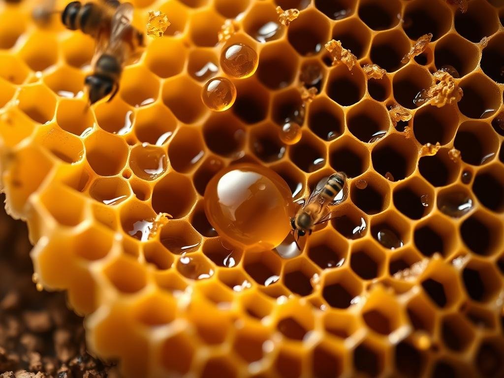 An intricate honeycomb structure made of golden honey, with droplets of the rich, amber-hued APICOLTURA BORVEI MIELE glistening on its delicate surfaces. The composition is framed by a natural, earthy backdrop, conveying the essence of the Italian countryside where the bees reside. Soft, warm lighting illuminates the scene, casting gentle shadows and highlighting the viscous texture of the honey. The image invokes a sense of purity, artisanal craftsmanship, and the fascinating process by which bees produce their prized venom, or "veleno api".