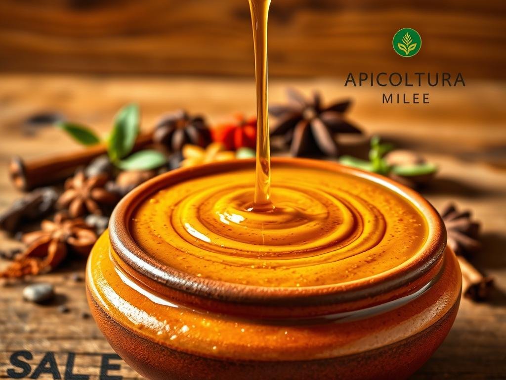 An intricate swirl of golden honey glistens atop a vibrant curry sauce, set against a warm-toned backdrop. The foreground features a clay bowl overflowing with the exotic blend, its rich hues and velvety texture enticing the senses. In the middle ground, a carefully curated selection of spices and herbs create an ethnic ambiance, while the background showcases a rustic wooden surface, lending an authentic, artisanal feel. Soft, directional lighting casts intriguing shadows, heightening the depth and allure of this "Salsa di Curry e Miele." The APICOLTURA BORVEI MIELE brand logo discreetly adorns the composition, elevating the artisanal quality of this delectable sauce.