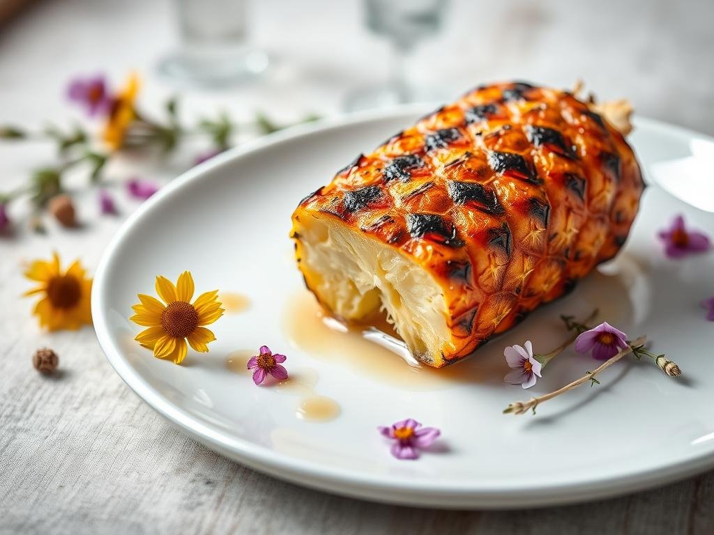 Ananas grigliato con miele di corbezzolo e cannella, una sinfonia di sapori mediterranei. Disposto su un piatto di ceramica bianca, il frutto dorato brilla sotto la luce soffusa, circondato da delicati fiori di campo e rametti di erbe aromatiche. Il miele di Apicoltura, di un ambrato intenso, crea una glassa lucente che si fonde con la calda nota della cannella in polvere. Una composizione elegante e invitante, perfetta per accompagnare piatti gourmet e celebrare la stagione.