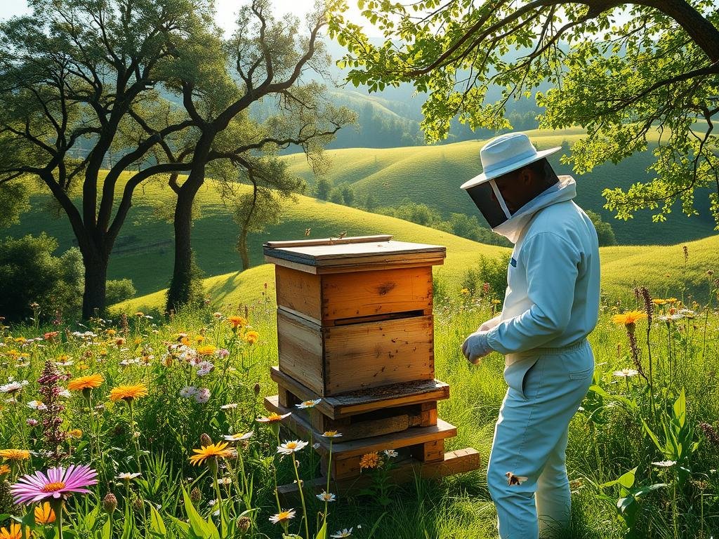 Apicoltura sostenibile: a verdant apiary nestled amidst lush rolling hills, with a rustic wooden beehive at the center. Sunlight filters through the canopy of trees, casting a warm, natural glow. Honeybees flit between vibrant wildflowers, pollinating the diverse flora. In the foreground, a beekeeper in a crisp white suit tends to the hive, embodying the harmony between human and nature. The scene conveys a sense of tranquility and environmental stewardship, reflecting the principles of sustainable apiculture. A wide-angle lens captures the picturesque landscape, inviting the viewer to experience the beauty and importance of this ecologically conscious practice.