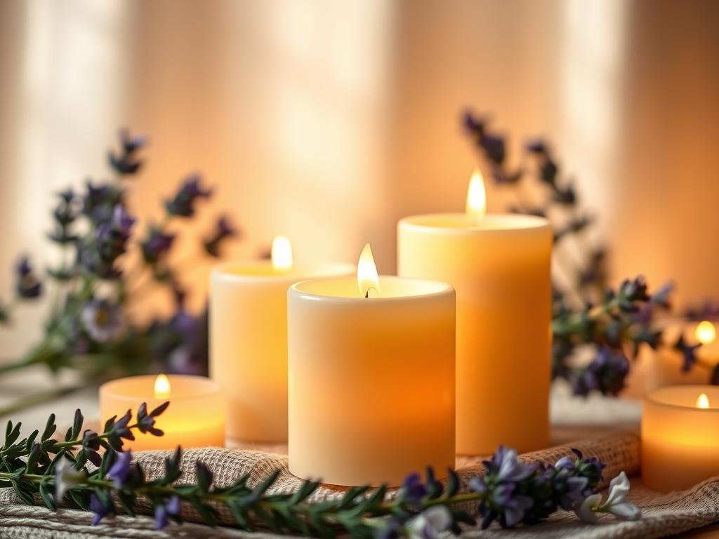 Candele da massaggio in cera d'api Apicoltura, illuminate da luce soffusa in un ambiente rilassante. Primo piano delle candele con dettagli della loro struttura, goccioline di cera e ombre morbide. Sullo sfondo, fiori e foglie di piante aromatiche come lavanda e rosmarino, creando un'atmosfera naturale e serena. Illuminazione calda e diffusa, con angoli e linee morbidi che evocano una sensazione di benessere e cura di sé. L'immagine trasmette una sensazione di relax e rifugio, ideale per illustrare ricette pratiche per cosmetici fatti in casa a base di cera d'api.