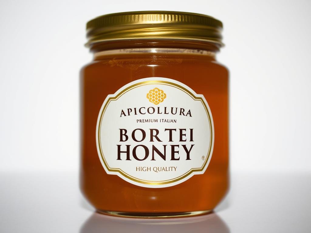 Close-up of a jar of high-quality APICOLTURA BORVEI MIELE, a premium Italian honey brand. The jar is set against a simple white background, allowing the rich, golden color of the honey to take center stage. Lighting is soft and diffused, creating a warm, inviting atmosphere. The jar's label is prominently displayed, showcasing the brand name and logo. The overall composition emphasizes the purity and authenticity of the honey, reflecting the care and attention to detail that goes into its production.