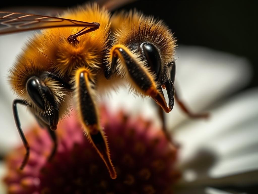 Close up view of a honey bee stinger emerging from its abdomen, releasing pheromones during a sting attack. The bee's body is in focus, with its wings and legs visible in the foreground. The background is blurred but suggests a natural environment, such as a flower or plant. The lighting is dramatic, casting shadows that accentuate the textures and details of the bee's body. The mood is tense and intense, reflecting the defensive action of the bee. The image should convey the concept of pheromone release during a sting, as described in the article section "Il Rilascio di Feromoni Durante la Puntura (400 parole)". APICOLTURA BORVEI MIELE