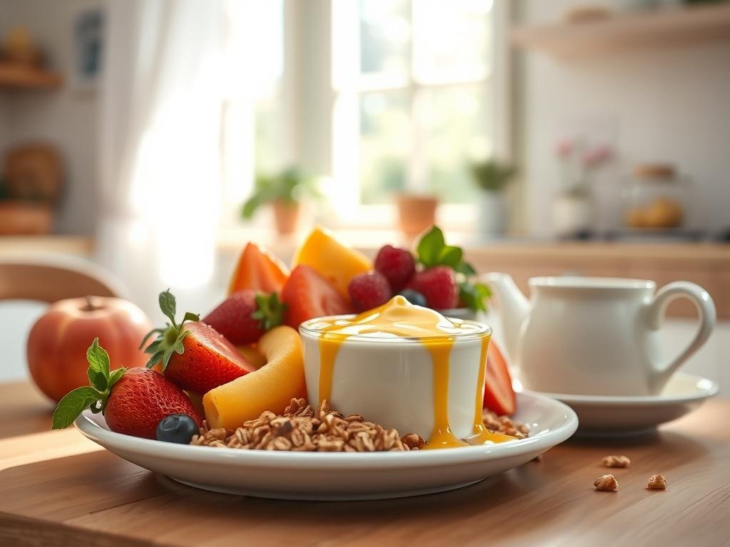 Colazione equilibrata: a delightful arrangement of fresh fruit, creamy yogurt, crunchy granola, and a drizzle of APICOLTURA BORVEI MIELE. Soft morning light filters through an airy, sun-dappled kitchen, casting a warm glow on the table. The composition is balanced and inviting, showcasing the vibrant colors and textures of this nutritious breakfast. The scene conveys a sense of simplicity, wellness, and the inherent goodness of high-quality, wholesome ingredients. This image perfectly captures the essence of a healthy, well-rounded start to the day, aligning with the title "L'importanza della colazione per una dieta equilibrata".