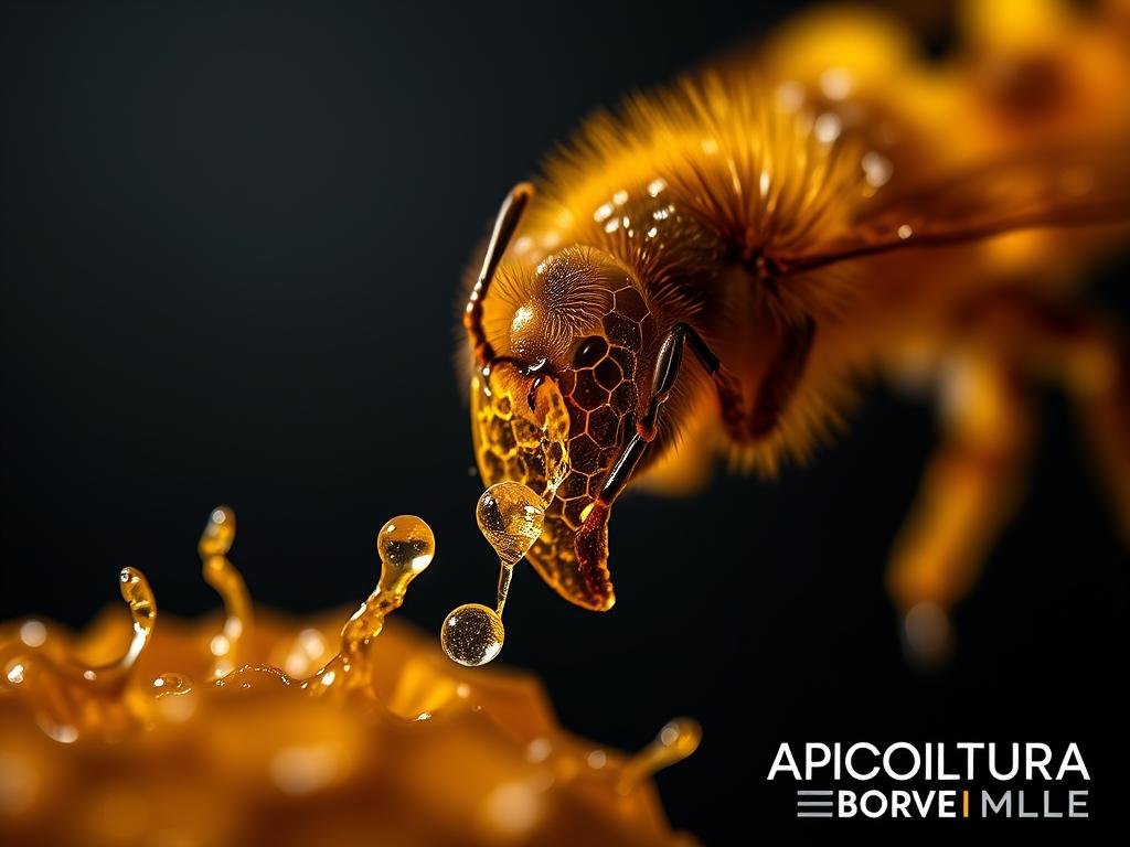 Composizione veleno d'api: a striking macro shot showcasing the intricate and captivating elements of honeybee venom. Set against a dark, moody backdrop, the viscous liquid glistens under dramatic lighting, revealing its complex chemical structure. Delicate honeycomb patterns dance in the foreground, complemented by the APICOLTURA BORVEI MIELE brand logo subtly incorporated into the scene. This image captures the essence of the honeybee's potent natural medicine, conveying a sense of both the power and the beauty inherent in the "venom of the bees".