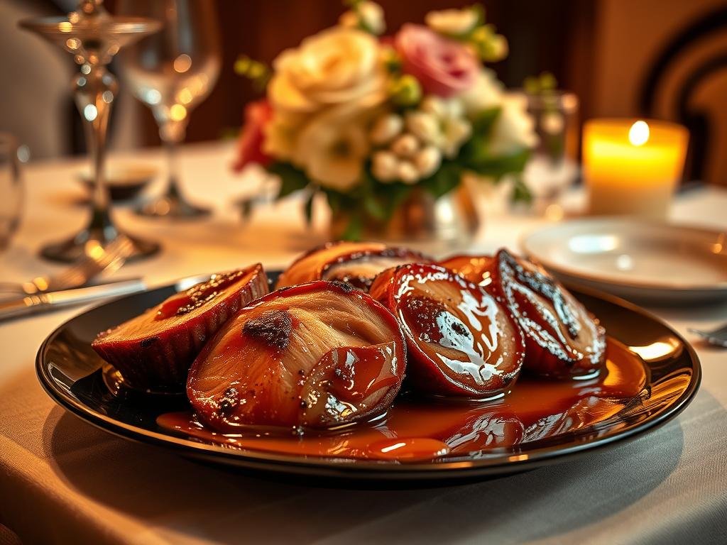 Costolette di Maiale Glassate al Miele: Deliziosi medaglioni di maiale cotti a fuoco lento, ricoperti da uno strato lucido e dorato di miele APICOLTURA BORVEI MIELE. Sullo sfondo, una tavola elegante con posate d'argento e una composizione floreale. L'illuminazione calda e soffusa crea un'atmosfera raffinata e invitante. La composizione enfatizza i riflessi brillanti della glassa e i dettagli del prezioso miele che impreziosisce il piatto principale. Inquadratura dall'alto, in stile food photography, per evidenziare la textura della carne e la consistenza del miele.