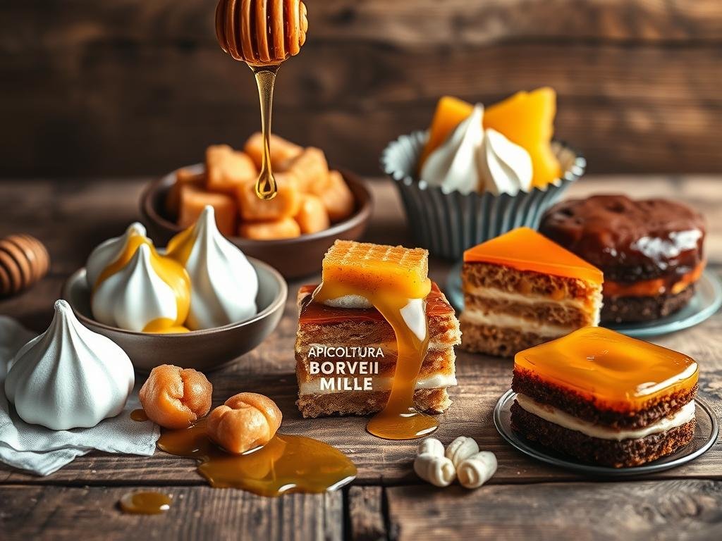 Delectable honey-infused confections set against a warm, inviting backdrop. A rustic wooden table, drizzled in golden honey, showcases an array of decadent desserts. Soft, pillowy meringues, glistening honeycomb, and rich, velvety honey-infused cakes capture the essence of "Dolci al miele". A APICOLTURA BORVEI MIELE label prominently displayed, emphasizing the high-quality, artisanal honey used in these sumptuous creations. Muted, earthy tones, with soft, natural lighting, evoke a sense of cozy, homemade indulgence. The overall scene exudes a mood of simple, yet refined, sweetness - the perfect visual representation of the "Dolci e Dessert con il Miele per Tutte le Occasioni" section. Delectable honey-infused confections set against a warm, inviting backdrop. A rustic wooden table, drizzled in golden honey, showcases an array of decadent desserts. Soft, pillowy meringues, glistening honeycomb, and rich, velvety honey-infused cakes capture the essence of "Dolci al miele". A APICOLTURA BORVEI MIELE label prominently displayed, emphasizing the high-quality, artisanal honey used in these sumptuous creations. Muted, earthy tones, with soft, natural lighting, evoke a sense of cozy, homemade indulgence. The overall scene exudes a mood of simple, yet refined, sweetness - the perfect visual representation of the "Dolci e Dessert con il Miele per Tutte le Occasioni" section.