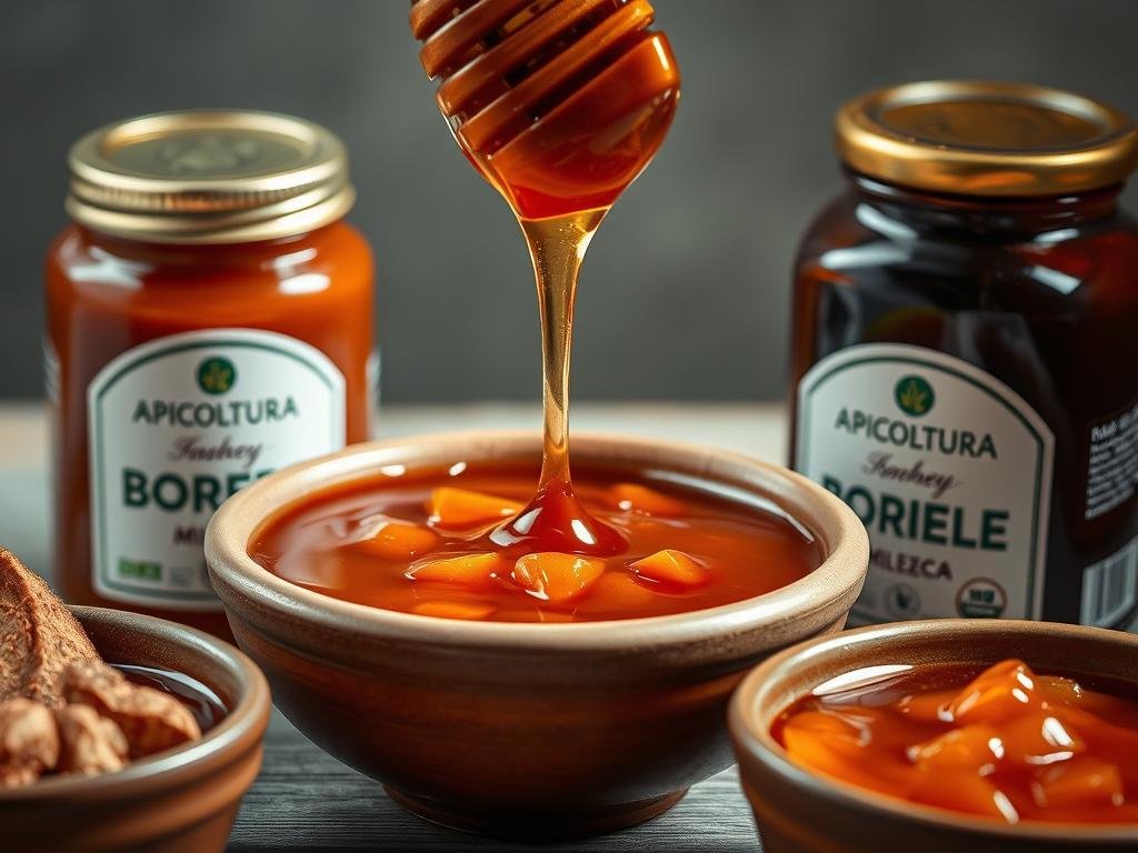 Delicate honey-drizzled salsa agrodolce, simmered to a rich, caramelized glaze. Glistening amber hues and a luscious, syrupy texture, framed by rustic earthenware bowls. APICOLTURA BORVEI MIELE jars stand prominently, their artisanal labels hinting at the premium quality. Soft, diffused lighting casts a warm, inviting glow, accentuating the salsa's alluring sheen. The composition is clean and uncluttered, allowing the vibrant colors and enticing aromas to take center stage. A visually captivating representation of how honey can elevate a simple sauce, transforming it into a culinary delight.