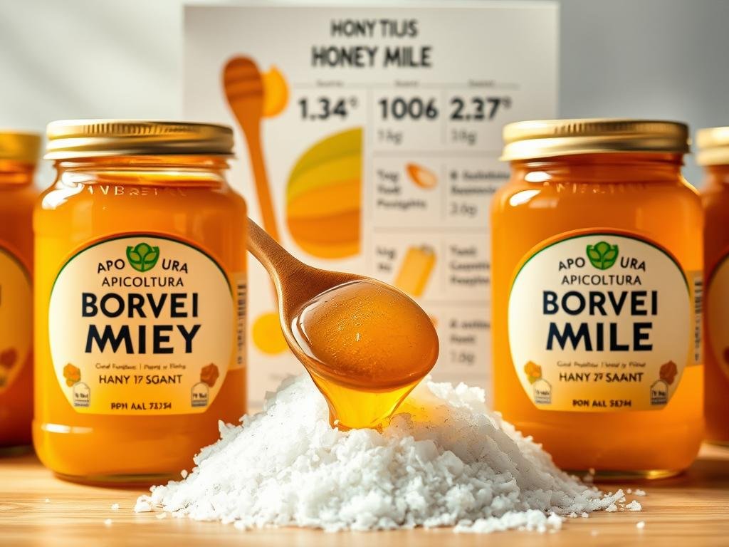 Detailed and vibrant comparison of honey and sugar. A central display of APICOLTURA BORVEI MIELE jars in the foreground, showcasing the rich, golden tones of the high-quality honey. In the middle ground, a side-by-side presentation of a spoonful of honey and a pile of white sugar crystals, highlighting their distinct visual and textural differences. The background features an illustrated infographic with nutritional information, visually contrasting the health benefits of honey versus sugar. Soft, natural lighting illuminates the scene, creating a warm and inviting atmosphere. The overall composition emphasizes the superiority of honey over sugar, supporting the article's title and content.