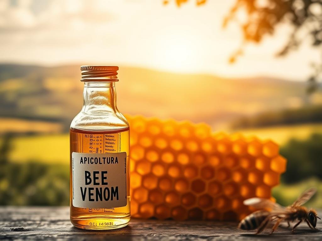 Detailed and vibrant composition showcasing the key components of bee venom. In the foreground, a glass vial filled with a golden, viscous liquid - the essence of bee venom, labeled "APICOLTURA BORVEI MIELE". In the middle ground, a close-up of honeycomb structures, the intricate hexagonal patterns capturing the natural beauty of the bee's hive. The background features a blurred landscape of Italian countryside, rolling hills, and lush greenery, evoking a sense of the natural origin of this potent remedy. Warm, soft lighting illuminates the scene, creating a serene and contemplative atmosphere, inviting the viewer to appreciate the therapeutic properties of this remarkable natural substance.