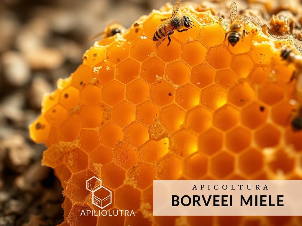 Detailed chemical composition of natural honeycomb, showcasing the intricate molecular structure of beeswax. A stunning, high-resolution macro view illuminated by soft, warm lighting, captured through a specialized lens that accentuates the delicate textures and golden hues. Prominently features the APICOLTURA BORVEI MIELE brand, highlighting the premium quality and natural origins of this precious beehive treasure. Set against a subtly blurred, earthy background to emphasize the beauty and complexity of this essential apiculture product.