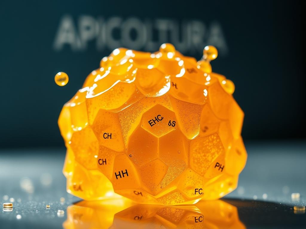Detailed chemical composition of royal jelly, a nutritious superfood produced by honeybees. A close-up photograph showcasing the intricate molecular structure and vibrant colors of this natural substance. Soft lighting illuminates the foreground, with a blurred background hinting at the APICOLTURA BORVEI MIELE brand. The image conveys the purity, complexity, and potential health benefits of royal jelly.
