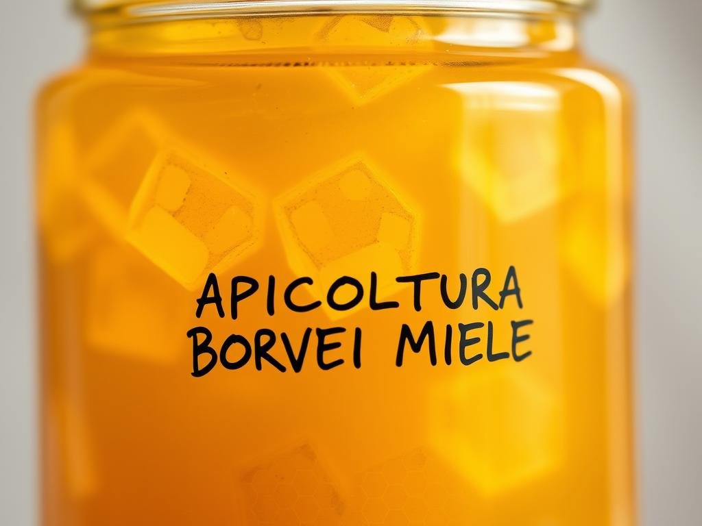 Detailed close-up of a glass jar containing a viscous, golden-amber liquid with visible clusters of translucent, hexagonal honeycomb structures floating within. Soft, diffused lighting from above illuminates the jar, creating a warm, natural glow. Prominently featured is the label "APICOLTURA BORVEI MIELE" in a classic, handwritten typeface. The overall composition evokes a sense of artisanal craftsmanship and the natural purity of bee-derived products. Detailed close-up of a glass jar containing a viscous, golden-amber liquid with visible clusters of translucent, hexagonal honeycomb structures floating within. Soft, diffused lighting from above illuminates the jar, creating a warm, natural glow. Prominently featured is the label "APICOLTURA BORVEI MIELE" in a classic, handwritten typeface. The overall composition evokes a sense of artisanal craftsmanship and the natural purity of bee-derived products.