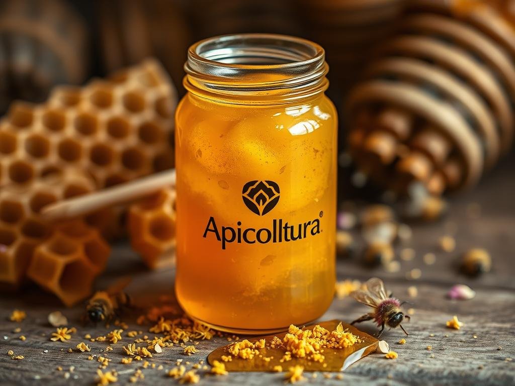 Detailed close-up of a glass jar filled with golden, viscous honey, labeled with the brand name "Apicoltura". The jar is placed on a wooden surface, surrounded by scattered honeycomb sections, bee pollen, and a few dried flowers. The lighting is warm and natural, creating a cozy, rustic atmosphere that evokes the purity and medicinal properties of bee products. The image conveys the safety and potential benefits of apitherapy treatments, while hinting at the possible contraindications that may be discussed in the article.