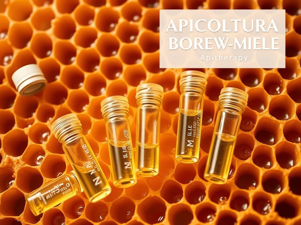 Detailed close-up of a honeycomb structure, filled with natural golden honey. The composition is arranged with various transparent glass vials, each containing a sample of pure, unprocessed bee venom. The vials are strategically placed amidst the honeycomb, creating a visually striking and informative display. The lighting is soft and diffused, highlighting the warm tones of the honey and the clarity of the venom samples. The overall scene conveys a sense of scientific inquiry and the potential benefits of apitherapy. In the background, the "APICOLTURA BORVEI MIELE" brand name is subtly integrated, reinforcing the authentic, artisanal nature of the products.