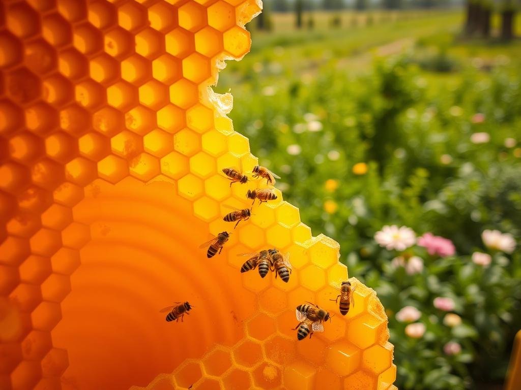 Detailed close-up of a honeycomb structure, showcasing the intricate patterns and textures of beeswax cells. The foreground features a vibrant, golden-amber liquid swirling within the comb, evoking the rich, viscous nature of raw, unprocessed honey. The middle ground depicts a group of worker bees meticulously tending to the hive, their fuzzy bodies and compound eyes visible. In the background, a lush, verdant landscape of flowering plants and trees creates a serene, naturalistic backdrop. Warm, soft lighting illuminates the scene, casting gentle shadows and highlights to enhance the organic, earthy feel. The overall composition conveys the beauty and complexity of the "APICOLTURA BORVEI MIELE" honey production process. Detailed close-up of a honeycomb structure, showcasing the intricate patterns and textures of beeswax cells. The foreground features a vibrant, golden-amber liquid swirling within the comb, evoking the rich, viscous nature of raw, unprocessed honey. The middle ground depicts a group of worker bees meticulously tending to the hive, their fuzzy bodies and compound eyes visible. In the background, a lush, verdant landscape of flowering plants and trees creates a serene, naturalistic backdrop. Warm, soft lighting illuminates the scene, casting gentle shadows and highlights to enhance the organic, earthy feel. The overall composition conveys the beauty and complexity of the "APICOLTURA BORVEI MIELE" honey production process.