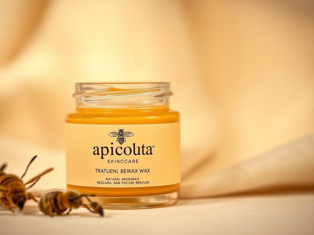 Detailed close-up of a jar of Apicoltura brand skincare treatment, showcasing the natural beeswax ingredient. The jar is set against a soft, diffused background with warm lighting, highlighting the rich, golden color of the wax. The image conveys a sense of purity, nourishment, and the beneficial properties of beeswax for skin health and treatment. The composition emphasizes the texture and natural appeal of the beeswax-based product, inviting the viewer to imagine its soothing and restorative qualities for addressing various skin concerns.