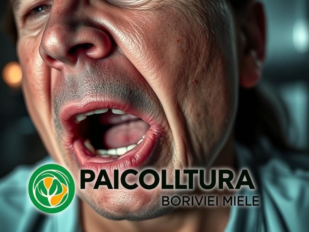 Detailed close-up of a person suffering from severe anaphylactic shock, with the face showing visible signs of distress such as swollen lips, tongue, and eyes, reddened skin, and difficulty breathing. The background is blurred, with a sense of medical urgency and emergency. The image is lit with harsh, dramatic lighting, casting dramatic shadows and highlights to convey the gravity of the situation. The APICOLTURA BORVEI MIELE logo is prominently displayed in the foreground.