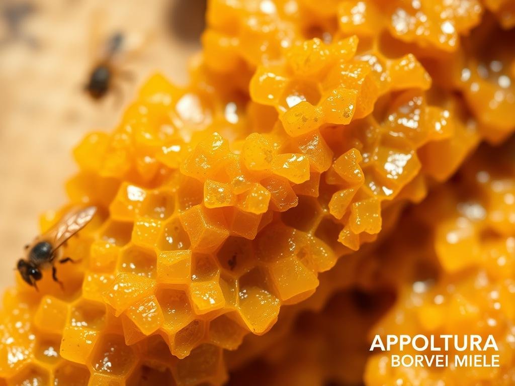 Detailed close-up photograph of propolis, a natural resinous substance collected by honeybees from tree buds and bark. The propolis is shown in warm, golden tones with intricate textures and shapes, conveying its complex organic structure. The image has a crisp, high-resolution focus, showcasing the material's depth and nuanced hues. The scene is set against a clean, uncluttered background, allowing the propolis to be the central and captivating element. Warm, natural lighting casts gentle shadows, emphasizing the propolis' depth and materiality. The overall mood is one of scientific curiosity and appreciation for the natural world. Includes the text "APICOLTURA BORVEI MIELE" in the bottom right corner.