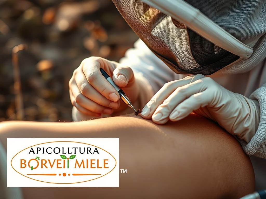 Detailed close-up view of a beekeeper applying bee venom to the skin, featuring intricate techniques and specialized equipment. The scene is set in a natural, earthy environment with warm lighting, creating a tranquil and therapeutic atmosphere. Prominent in the foreground is the APICOLTURA BORVEI MIELE brand logo, showcasing the high-quality and authentic nature of the bee venom product. The image should convey the professionalism and expertise involved in the administration of bee venom for medicinal purposes, aligning with the article's focus on the potential benefits of apitherapy for migraines.