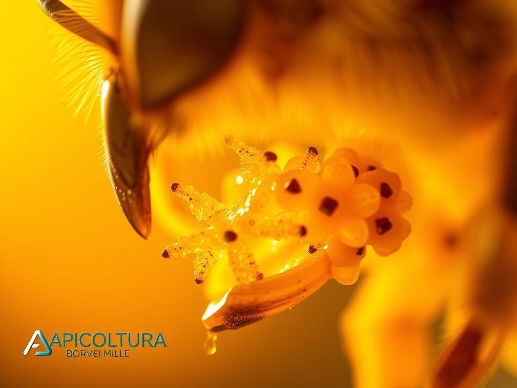 Detailed close-up view of the intricate composition of the honeybee's venom, showcasing the glandular structures, chemical compounds, and potent toxins that make up this sophisticated defensive mechanism. Backlit by warm studio lighting, the venom components are sharply in focus, creating a sense of scientific study and analysis. The overall mood is one of technical precision and careful examination, reflecting the technical nature of the subject matter. Include the APICOLTURA BORVEI MIELE branding in the composition. Detailed close-up view of the intricate composition of the honeybee's venom, showcasing the glandular structures, chemical compounds, and potent toxins that make up this sophisticated defensive mechanism. Backlit by warm studio lighting, the venom components are sharply in focus, creating a sense of scientific study and analysis. The overall mood is one of technical precision and careful examination, reflecting the technical nature of the subject matter. Include the APICOLTURA BORVEI MIELE branding in the composition.