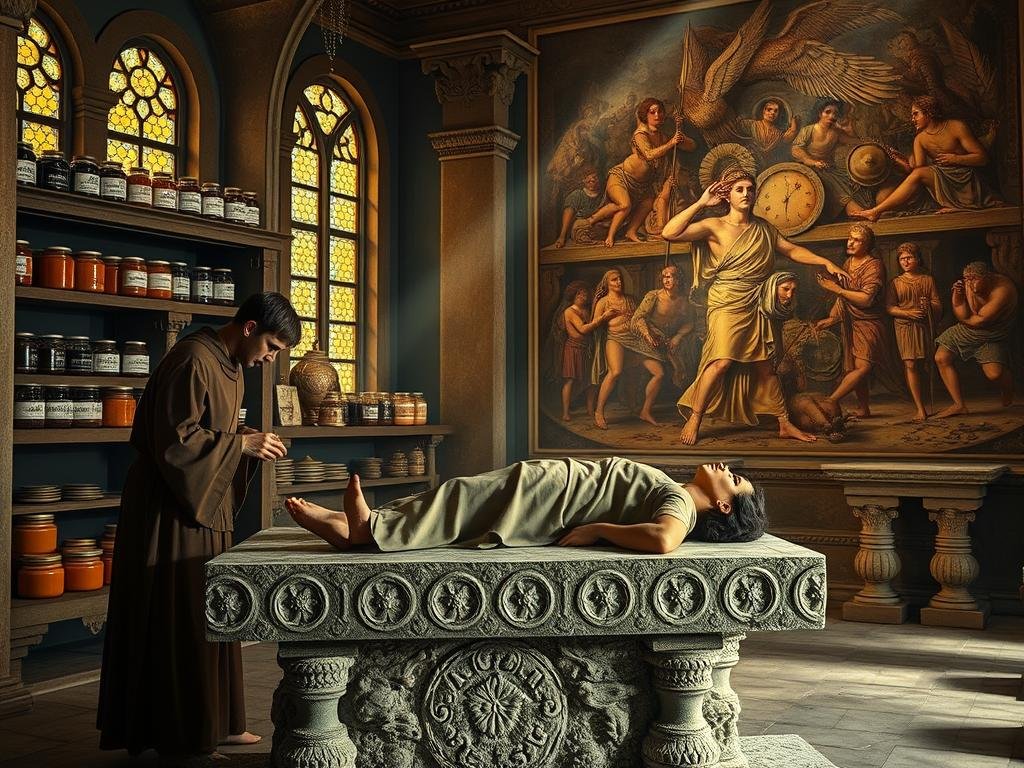 Detailed scene of ancient apitherapy practice in a serene, dimly lit temple setting. In the foreground, a person lies on a stone table, receiving a bee sting treatment from a robed practitioner. Behind them, shelves display jars of honey, wax, and other apian products bearing the "APICOLTURA BORVEI MIELE" brand. The middle ground features ornate architectural elements, with beams of warm light filtering through stained glass windows. In the background, a striking mural depicts the historical significance of this ancient healing art. The overall atmosphere is one of reverence, tradition, and the profound connection between humans and the natural world.