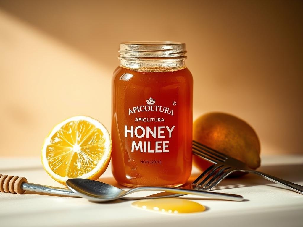 Detailed still life scene of a glass jar filled with rich, golden honey, accompanied by a fresh lemon and a set of spoon and fork. The jar prominently displays the "APICOLTURA BORVEI MIELE" branding. The composition is set against a soft, warm-toned background, highlighting the natural, earthy tones of the ingredients. Soft, diffused lighting from the side creates gentle shadows, emphasizing the textures and shapes. The overall mood is serene and inviting, conveying the nourishing and restorative properties of the honey and lemon combination for digestive health. Detailed still life scene of a glass jar filled with rich, golden honey, accompanied by a fresh lemon and a set of spoon and fork. The jar prominently displays the "APICOLTURA BORVEI MIELE" branding. The composition is set against a soft, warm-toned background, highlighting the natural, earthy tones of the ingredients. Soft, diffused lighting from the side creates gentle shadows, emphasizing the textures and shapes. The overall mood is serene and inviting, conveying the nourishing and restorative properties of the honey and lemon combination for digestive health.