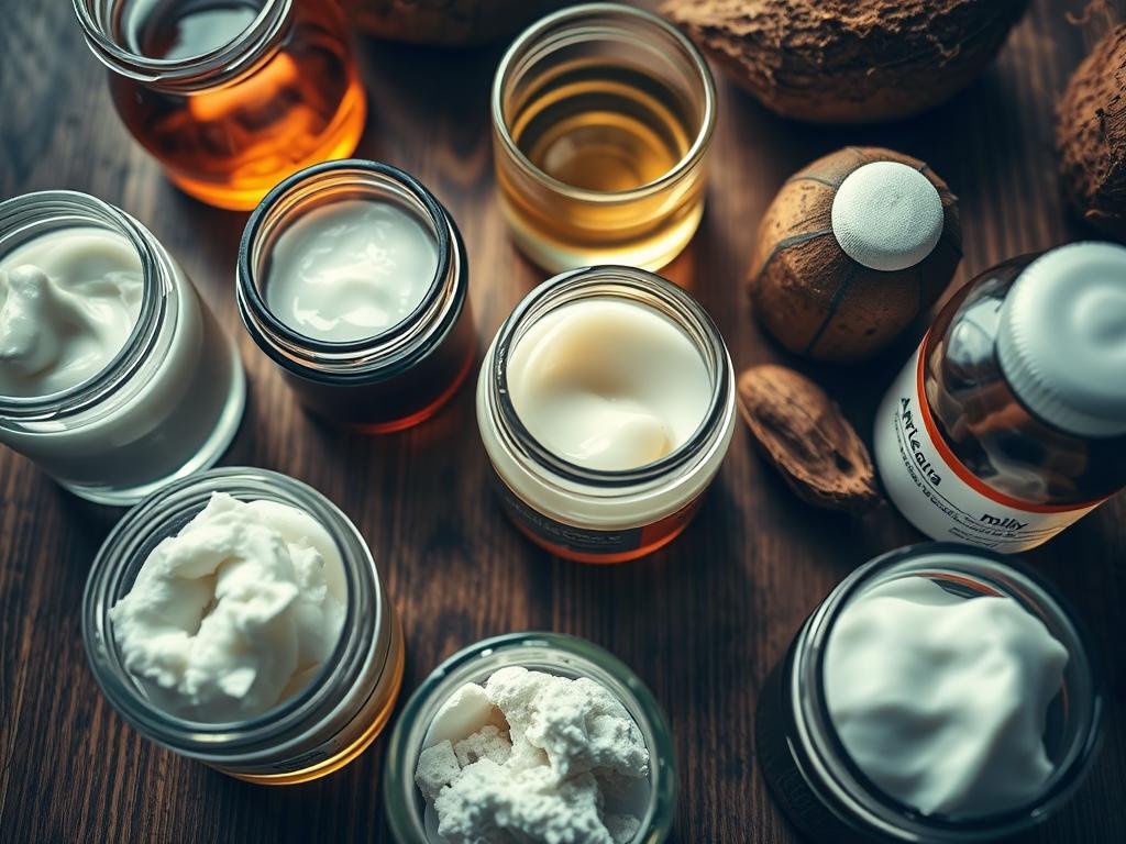 Dramatic overhead shot of a tabletop with various comedogenic ingredients. Glass jars filled with thick, viscous substances like petroleum jelly, mineral oil, and coconut oil. Shiny, reflective surfaces capture the light, creating a moody, contemplative atmosphere. The APICOLTURA BORVEI MIELE logo is prominently displayed, highlighting the key ingredient in question. Shallow depth of field, crisp focus on the foreground elements, with a soft, hazy background to draw the eye inward. Warm, amber tones evoke a sense of natural, organic textures, contrasting with the potentially harmful cosmetic ingredients.