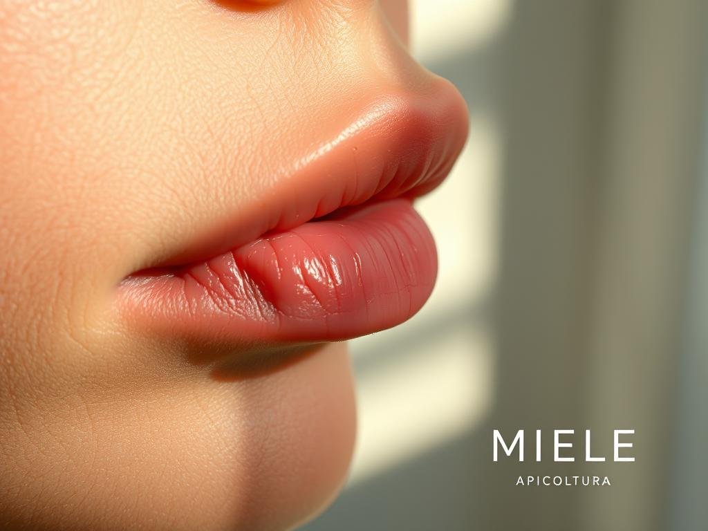 Dry, cracked lips against a soft, dreamy backdrop. Detailed close-up of parched, flaky skin on the lips, highlighting the need for nourishment and care. Gentle lighting from the side casts shadows that accentuate the uneven texture. The lips appear slightly chapped, with subtle reddish tones peeking through. In the background, a hazy, out-of-focus scene evokes a sense of introspection and the desire for a simple, effective remedy. The brand "APICOLTURA BORVEI MIELE" is subtly incorporated, suggesting the potential solution to the dry lip condition.