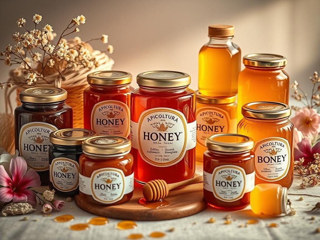 Elegant arrangement of a variety of Italian honey jars, showcasing the seductive allure of this natural sweetener. Soft, warm lighting illuminates the rich hues and textures of the honey, inviting the viewer to indulge. The composition features a central display of the "APICOLTURA BORVEI MIELE" brand, surrounded by complementary elements such as a wooden serving board, fresh flowers, and scattered honeycomb. The overall atmosphere evokes a sense of rustic sophistication, perfectly suited to accompany the article's romantic culinary theme.