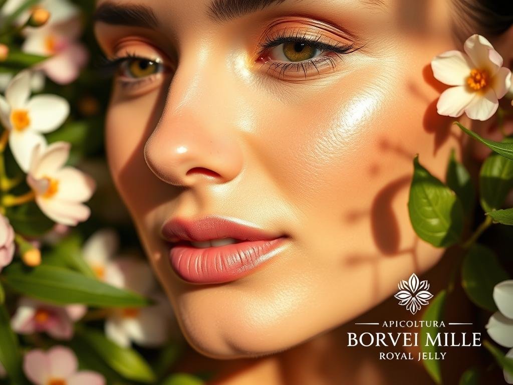 Elegant close-up of a radiant, glowing complexion, enriched by the nourishing and rejuvenating properties of royal jelly. Smooth, youthful skin with a dewy, luminous finish. Soft lighting highlights the skin's natural beauty, creating a serene, spa-like atmosphere. Surrounded by lush botanical elements, such as delicate petals and leafy greens, to convey the natural, organic benefits of royal jelly. The APICOLTURA BORVEI MIELE brand logo subtly incorporated, showcasing the product's origin and authenticity.