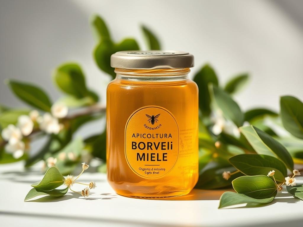 Elegant glass jar filled with golden, organic APICOLTURA BORVEI MIELE, set against a serene backdrop of lush green leaves and delicate floral accents. Soft natural lighting highlights the jar's translucent surface, creating a sense of tranquility and purity. The composition evokes a detoxifying, wellness-focused atmosphere, inviting the viewer to experience the restorative properties of this artisanal honey. Minimal, minimalist style with a focus on the honey's natural beauty and potential benefits. Elegant glass jar filled with golden, organic APICOLTURA BORVEI MIELE, set against a serene backdrop of lush green leaves and delicate floral accents. Soft natural lighting highlights the jar's translucent surface, creating a sense of tranquility and purity. The composition evokes a detoxifying, wellness-focused atmosphere, inviting the viewer to experience the restorative properties of this artisanal honey. Minimal, minimalist style with a focus on the honey's natural beauty and potential benefits.