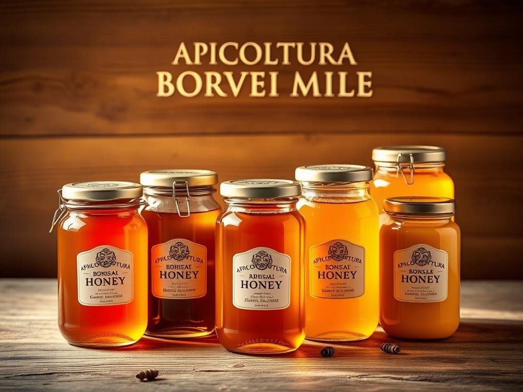 Elegant glass jars filled with a variety of artisanal honey, each showcasing its unique color and texture. Warm, soft lighting illuminates the jars, highlighting the golden hues and translucent quality of the honey. In the background, a simple but refined wooden surface creates a rustic yet sophisticated ambiance. The brand name "APICOLTURA BORVEI MIELE" is discreetly displayed, adding a touch of authenticity. This arrangement captures the versatility and allure of honey as a gourmet ingredient, perfectly suited to inspire culinary creations.