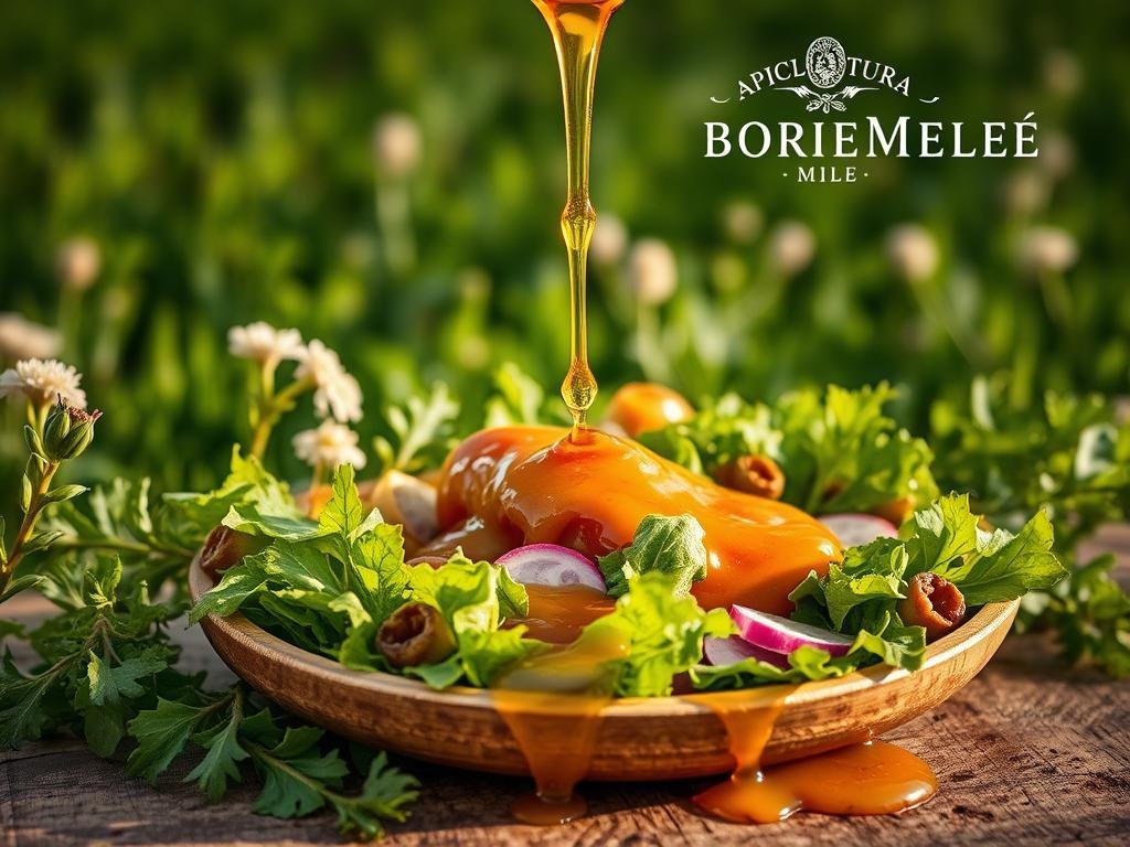 Elegant honey drizzled over a vibrant salad, nestled amid a lush green field. The golden liquid gently cascades over crisp greens, creating a visually captivating and appetizing scene. A rustic wooden table provides the backdrop, with the APICOLTURA BORVEI MIELE logo prominently displayed, highlighting the artisanal quality of the honey. Soft, warm lighting bathes the scene, evoking a cozy, inviting atmosphere. The overall composition emphasizes the versatility of honey as a versatile, light, and flavorful salad dressing, perfectly complementing the fresh produce.