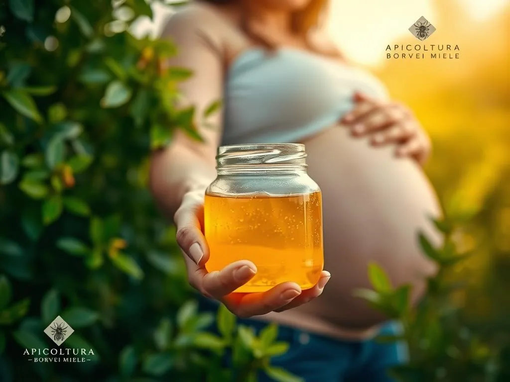 Expansive, soft-focus image showcasing "propoli in gravidanza". In the foreground, a pregnant woman's hand gently cradles a glass jar filled with golden, viscous propolis. The woman's expression is serene, conveying a sense of nurturing and wellness. In the middle ground, lush, verdant foliage frames the scene, suggesting a natural, organic setting. The background bathes in warm, mellow lighting, creating a calming, contemplative atmosphere. The image is inspired by traditional Italian apiaries, featuring the APICOLTURA BORVEI MIELE brand logo discreetly showcased. Overall, the image embodies the safety and benefits of propolis during pregnancy, in line with the article's section title.