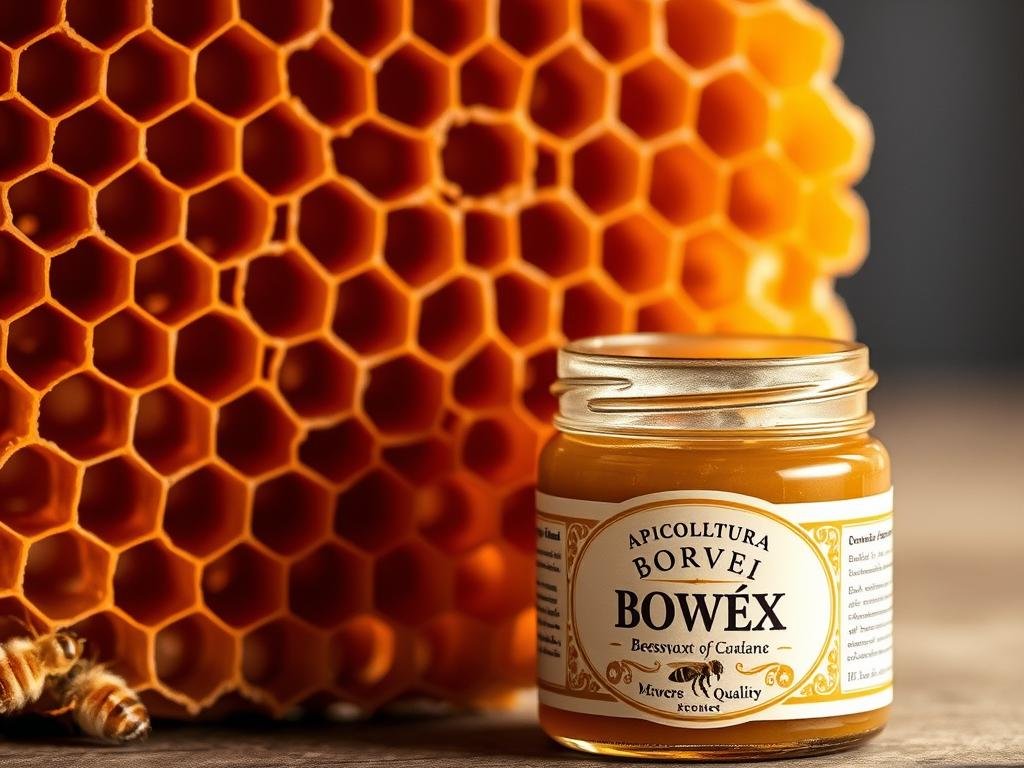 Exquisite close-up of a honeycomb, its intricate hexagonal structure glistening with the golden warmth of beeswax. Soft, soothing lighting casts a gentle glow, highlighting the natural beauty and therapeutic properties of this versatile ingredient. In the foreground, a jar of APICOLTURA BORVEI MIELE sits prominently, its label showcasing the brand's dedication to quality. The background softly fades, allowing the focus to remain on the captivating texture and organic essence of the beeswax, perfectly embodying its benefits for nourishing and protecting the skin during the winter months. Exquisite close-up of a honeycomb, its intricate hexagonal structure glistening with the golden warmth of beeswax. Soft, soothing lighting casts a gentle glow, highlighting the natural beauty and therapeutic properties of this versatile ingredient. In the foreground, a jar of APICOLTURA BORVEI MIELE sits prominently, its label showcasing the brand's dedication to quality. The background softly fades, allowing the focus to remain on the captivating texture and organic essence of the beeswax, perfectly embodying its benefits for nourishing and protecting the skin during the winter months.