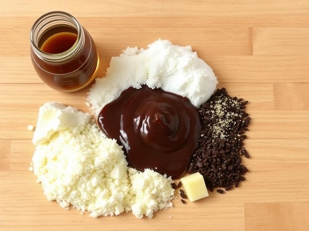 Genera un'immagine degli ingredienti necessari per la salsa al miele e cioccolato