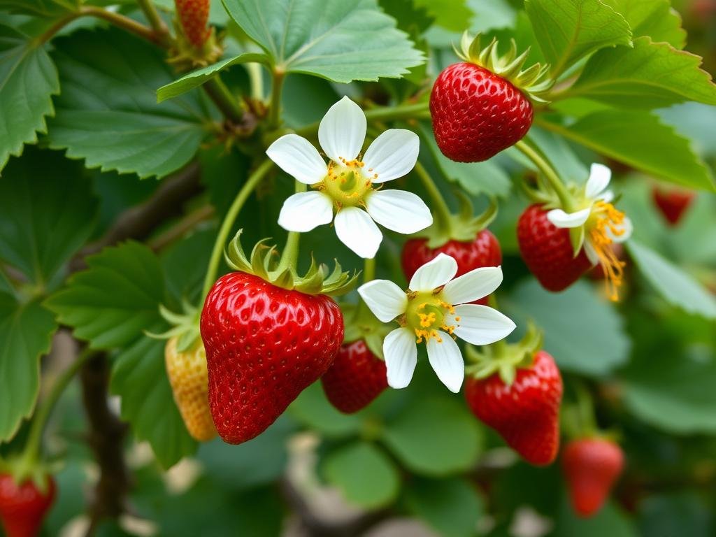 Genera un'immagine del Corbezzolo con fiori e frutti Genera un'immagine del Corbezzolo con fiori e frutti