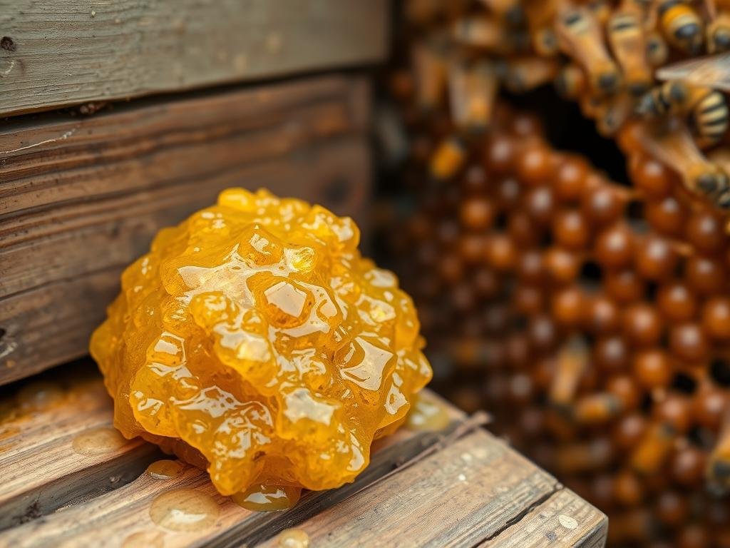 Genera un'immagine della propoli in forma grezza accanto a un alveare