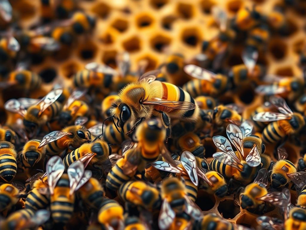 Genera un'immagine della regina dell'alveare circondata dalle api operaie