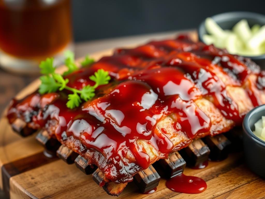 Genera un'immagine delle costine di maiale glassate al miele e barbecue