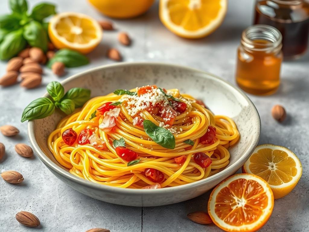 Genera un'immagine di spaghetti con miele e ingredienti siciliani