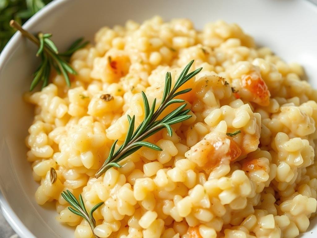 Genera un'immagine di un risotto al miele e rosmarino