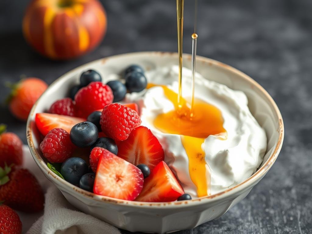 Genera un'immagine di una bowl proteica con yogurt greco, frutta fresca e miele