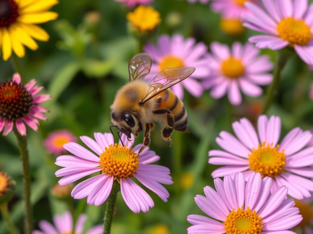Genera un'immagine di un'ape che raccoglie nettare da diversi fiori