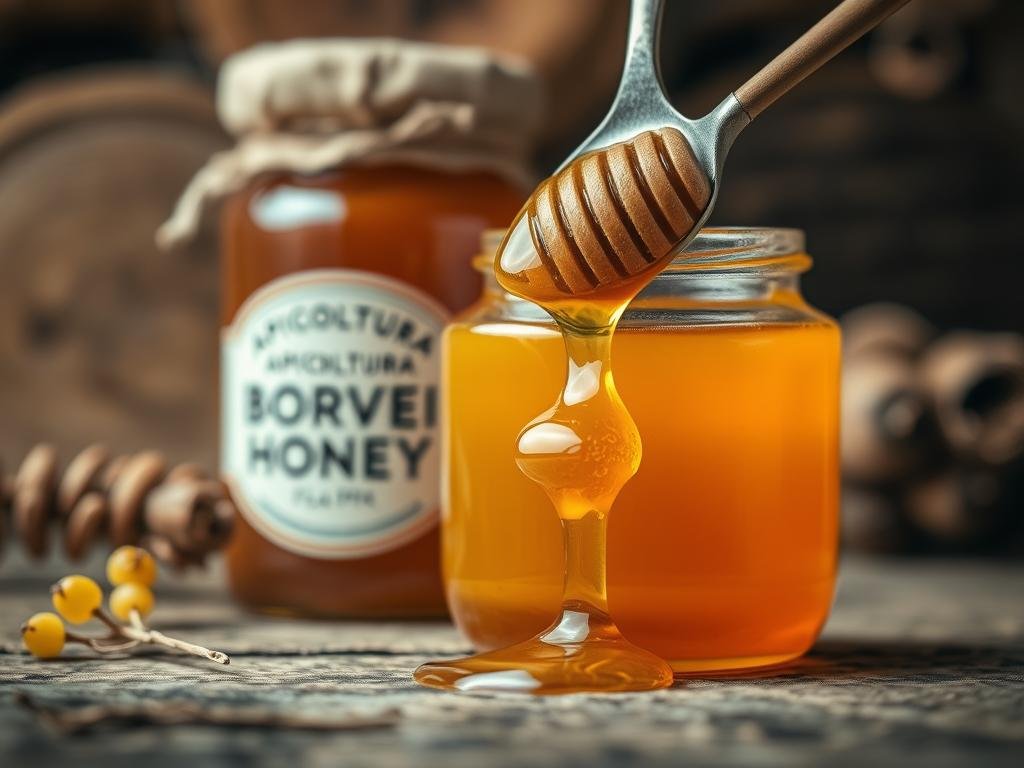 High-quality artisanal honey, warm tones, rustic Italian setting. Close-up view of raw, unfiltered honey in a glass jar labeled "APICOLTURA BORVEI MIELE", set against a backdrop of natural wood and textures reminiscent of a traditional Italian apiary. Soft, diffused lighting illuminates the rich, golden honey, highlighting its purity and viscosity. In the foreground, a spoon dips into the honey, capturing its luscious, flowing quality. The overall scene evokes a sense of craftsmanship, sustainability, and the importance of supporting local, artisanal producers.