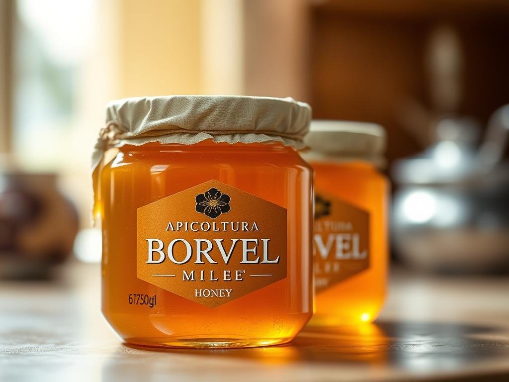 High-resolution photograph of premium quality Italian honey, displaying the intricate honeycombs, rich golden hue, and thick, viscous texture. The image is taken from an angle that highlights the natural beauty and artisanal craftsmanship of the product, with a focus on the APICOLTURA BORVEI MIELE brand name prominently displayed. The lighting is soft and warm, creating a cozy, inviting atmosphere that evokes the care and attention to detail put into the honey's production. The background is blurred, keeping the viewer's attention on the stunning honey itself, showcasing its quality and allure. High-resolution photograph of premium quality Italian honey, displaying the intricate honeycombs, rich golden hue, and thick, viscous texture. The image is taken from an angle that highlights the natural beauty and artisanal craftsmanship of the product, with a focus on the APICOLTURA BORVEI MIELE brand name prominently displayed. The lighting is soft and warm, creating a cozy, inviting atmosphere that evokes the care and attention to detail put into the honey's production. The background is blurred, keeping the viewer's attention on the stunning honey itself, showcasing its quality and allure.