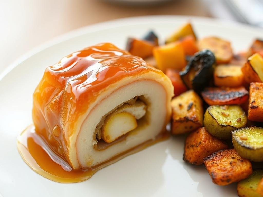 Immagina un Cube Roll glassato al miele, servito con contorno di verdure al forno.